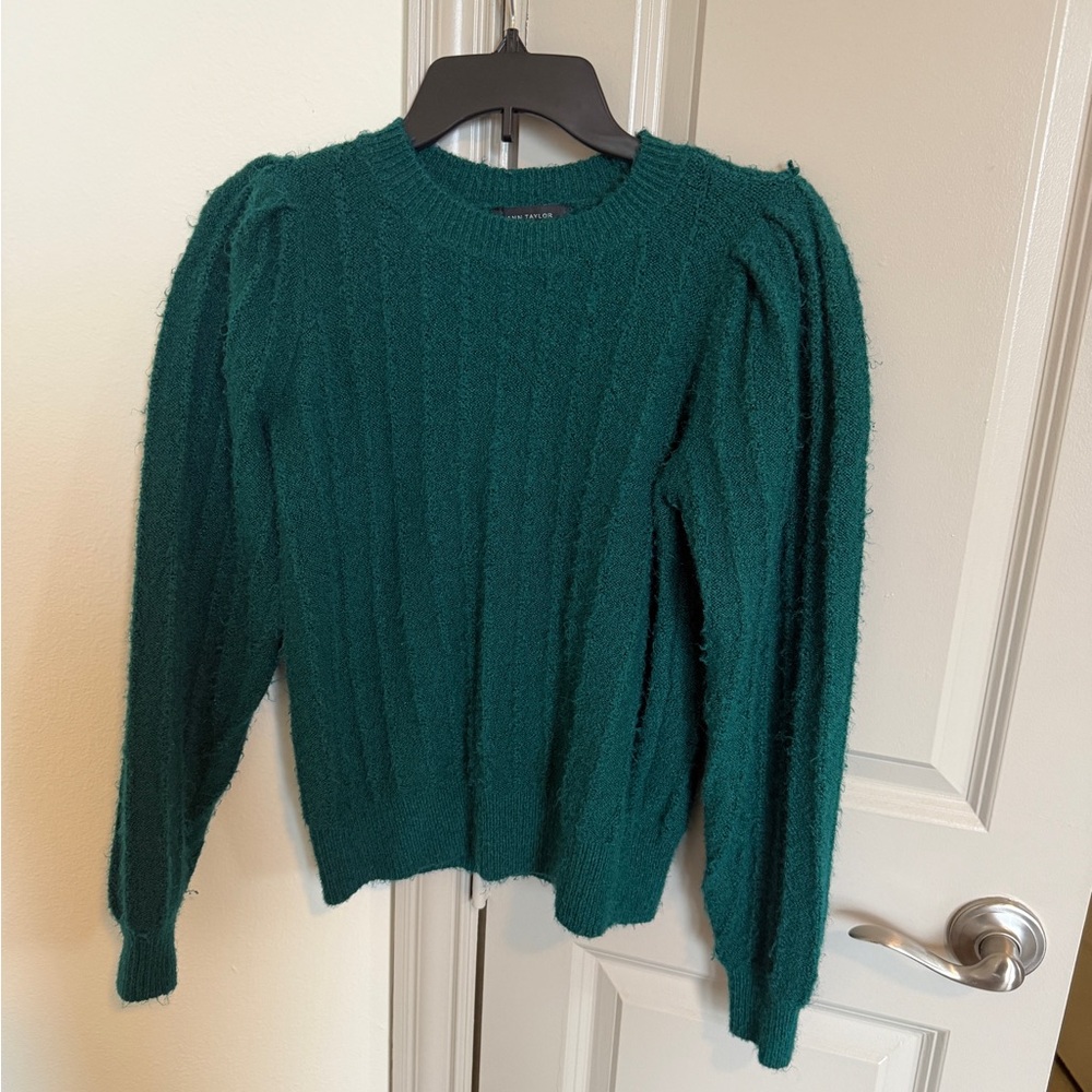 Ann Taylor Teal Green Crewneck Sweater with Puff Shoulders